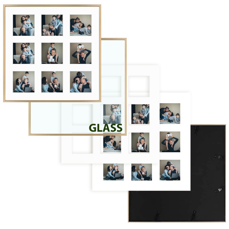 Frametory - 16x16 Aluminum Collage Picture Frame - Display 4x4 Pictures with 9 Openings Mat - Real Glass Front - Horizontal/Vertical Wall Mount - Gold 1 Pack - Image 4